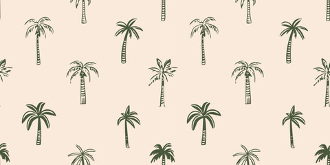 Wall Mural - Hand drawn palm tree doodle seamless pattern illustration. Colorful hawaiian print, summer vacation background in vintage art style. Tropical plant painting wallpaper texture.