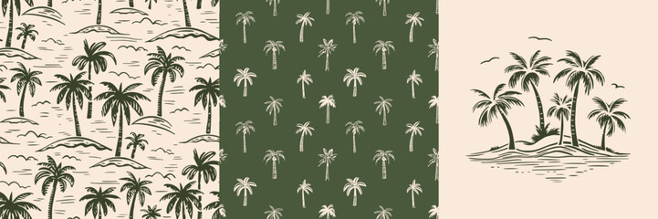Hand drawn palm tree doodle seamless pattern set. Colorful hawaiian print, summer vacation background collection in vintage art style. Tropical plant painting illustration bundle.