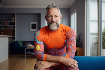 Wall Mural - Portrait of a content man in his 50s showing off a vibrant rash guard against a crisp minimalistic living room. AI Generation