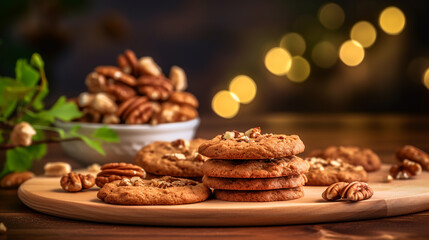 Wall Mural - Cookies with walnuts on a wooden table, against a blurred kitchen background. ai generative