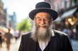 Jewish rabbi aged man smiles while standing on the street. ai generative