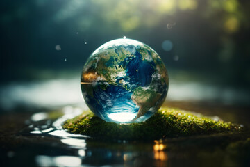 planet earth in a glass ball on a mossy background. environment conservation concept.