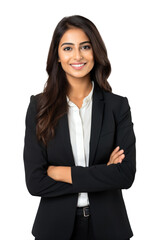 Portrait of a happy beautiful indian woman smiling and arms crossed isolated on transparent background. png