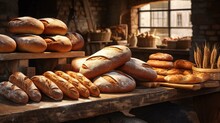 Different bread loaves and baguettes on bakery shop photography