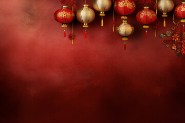 Assortment of red and gold lanterns on a textured red background with ample space for text. Lunar New Year festive atmosphere. Design for event invitations, holiday sales promotions, and banner with c