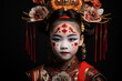 Traditional Asian makeup and costume with a modern twist on a young girl. Contemporary cultural fashion. Lunar New Year celebration. Design for culture banner, poster, or backdrop