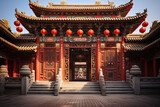 Fototapeta  - Traditional red lanterns adorning ancient temple facade. Chinese New Year celebration. Cultural architecture and festivities. Design for event poster, travel banner, or backdrop