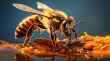 Close Up Honey Bee Portrait On A Honey Hive