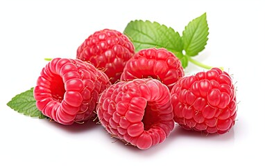 Wall Mural - Bunch of raspberries with green leaves on isolated white background