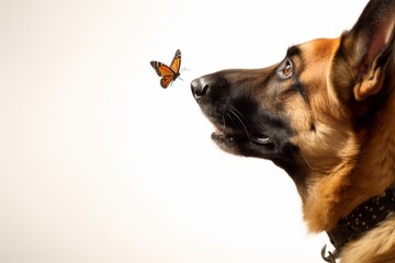 Wall Mural - Close-up portrait photography of a curious german shepherd having a butterfly on its nose against a white background. With generative AI technology