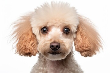 Wall Mural - Headshot portrait photography of a cute poodle being at a spa against a white background. With generative AI technology