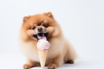 Sticker - Environmental portrait photography of a curious pomeranian licking an ice cream cone against a white background. With generative AI technology