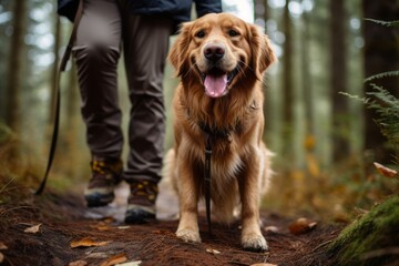 Canvas Print - Lifestyle portrait photography of a funny golden retriever hiking with the owner against a forest background. With generative AI technology