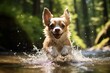 Lifestyle portrait photography of a curious chihuahua shaking off water after swimming against a forest background. With generative AI technology