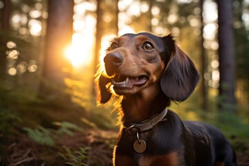 Poster - Close-up portrait photography of a happy dachshund watching a sunset with the owner against a forest background. With generative AI technology