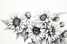 A Black And White Drawing Of A Bunch Of Sunflowers