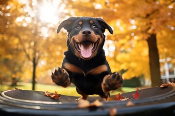 Sticker - Lifestyle portrait photography of a happy rottweiler jumping on a trampoline against an autumn foliage background. With generative AI technology