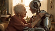 Old Lady with Limited Mobility Looks With Trust and Appreciation at her Personal Assistant Robot helping her to Get Up, Anticipating her Needs with Genuine Attention and Care, Human Emotions in AI
