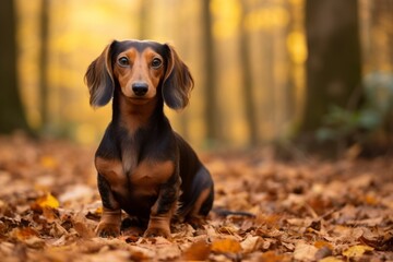 Wall Mural - curious dachshund sitting on an autumn foliage background