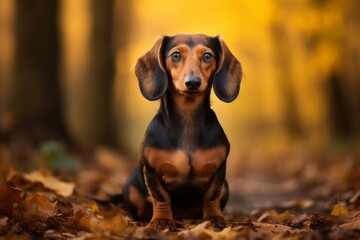 Canvas Print - curious dachshund sitting in an autumn foliage background