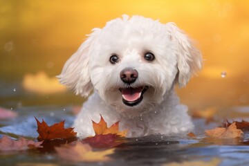 Wall Mural - smiling bichon frise swimming in a lake isolated in an autumn foliage background