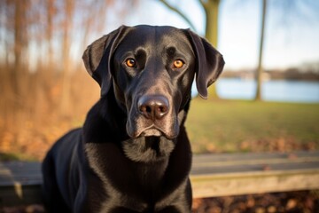 Wall Mural - curious labrador retriever sitting on a bench while standing against local parks and playgrounds background