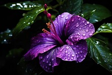  A Close Up Of A Purple Flower With Water Droplets On It's Petals And Green Leaves In The Background.