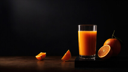  orange juice in black background with piece of orange, minimalist, background