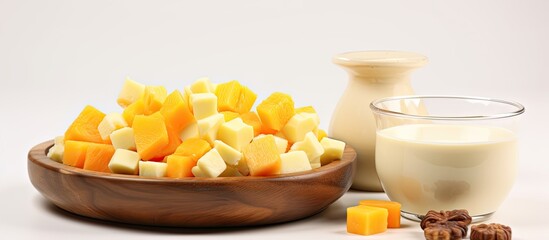 Poster - In the background, a wooden bowl held a delightful blend of white chocolate and milk, adorned with orange and pineapple candies, a sweet treat for dessert.