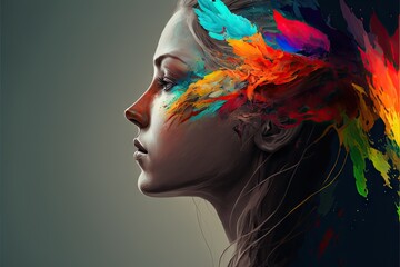 Wall Mural - Double exposure portrait of young beautiful woman with colorful paint on her face