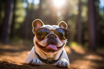 Wall Mural - smiling bulldog wearing a trendy sunglasses isolated in forests and woodlands background