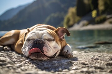 Wall Mural - smiling bulldog sleeping on lakes and rivers background