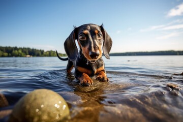 Wall Mural - curious dachshund playing with a ball on lakes and rivers background