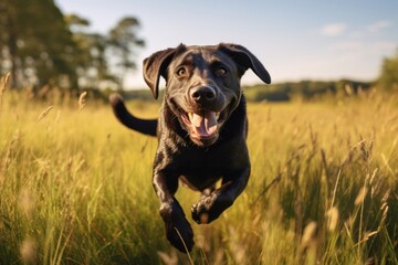 Poster - curious labrador retriever running isolated in open fields and meadows background