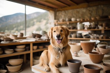 happy golden retriever being at a pottery studio in mountains and hills background