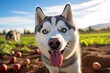 smiling siberian husky playing fetch isolated on farms and ranches background