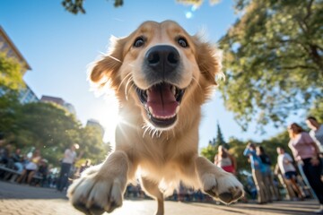 Wall Mural - curious golden retriever sticking head out of a car window in front of museums with outdoor exhibits background