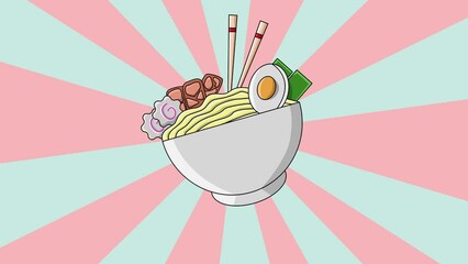 Wall Mural - Animation of a typical Japanese food ramen noodle icon with a rotating background