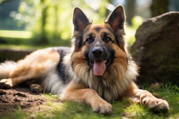 Poster - happy german shepherd lying down isolated in zoos and wildlife sanctuaries background