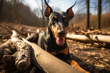 Poster - happy doberman pinscher biting a bone on zoos and wildlife sanctuaries background