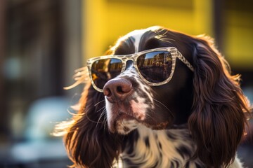 Sticker - funny english springer spaniel wearing a trendy sunglasses on dog parks background