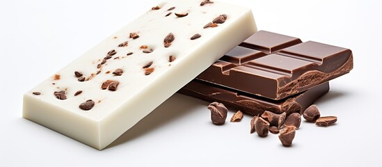 Wall Mural - On a white background, an isolated chocolate bar, both black and white, stands as a delectable dessert; a gourmet snack with its addictive sweet taste, milky texture, and rich cocoa ingredient