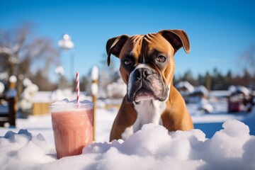 Wall Mural - cute boxer dog having a smoothie in snowy winter landscapes background