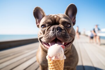 Wall Mural - curious french bulldog licking an ice cream cone isolated in beach boardwalks background