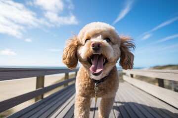 Wall Mural - cute poodle barking in front of beach boardwalks background