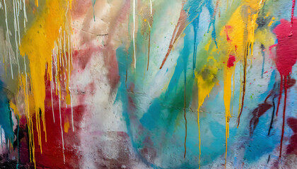  messy paint strokes and smudges on an old painted wall background abstract wall surface with part of graffiti colorful drips flows streaks of paint and paint sprays