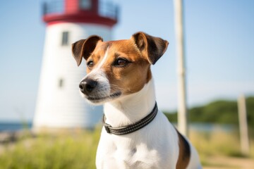 Wall Mural - cute jack russell terrier being at a farmer's market isolated on lighthouses background