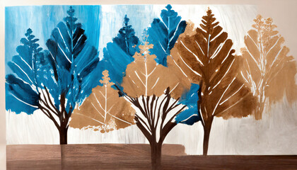 Wall Mural - blue beige and brown abstract tree art in acrylic perfect for home decor