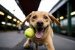 smiling labrador retriever playing with a tennis ball in front of train stations background