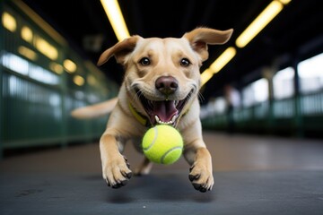 Poster - smiling labrador retriever playing with a tennis ball on train stations background